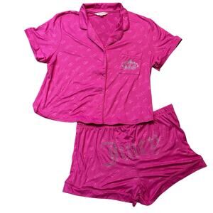 Juicy Couture Hot Pink PJ Short Set Front & Back Rhinestone Bling XL NWOT